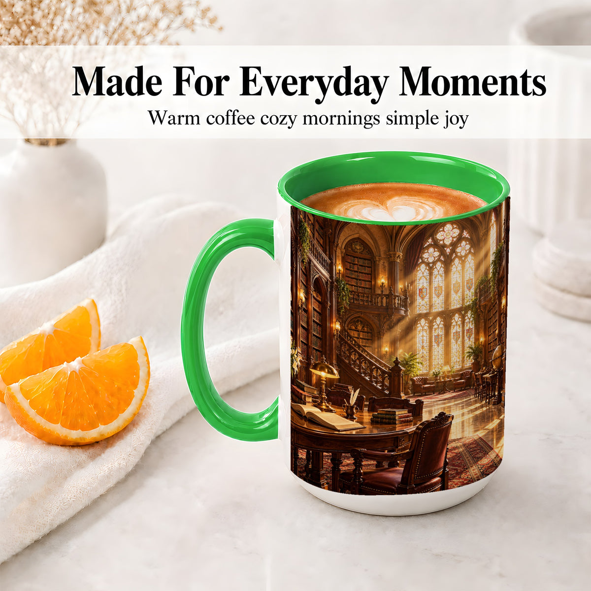 #pl[15oz|Green] Gothic Library Coffee Mug, Ceramic Mug with Vintage Book Artwork