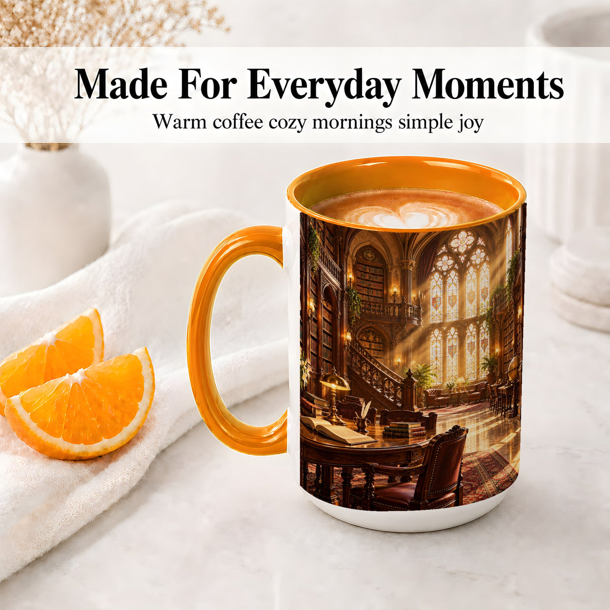#pl[15oz|Orange] Gothic Library Coffee Mug, Ceramic Mug with Vintage Book Artwork