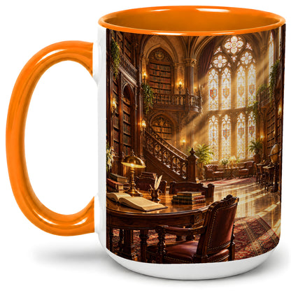 #pl[15oz|Orange] Gothic Library Coffee Mug, Ceramic Mug with Vintage Book Artwork