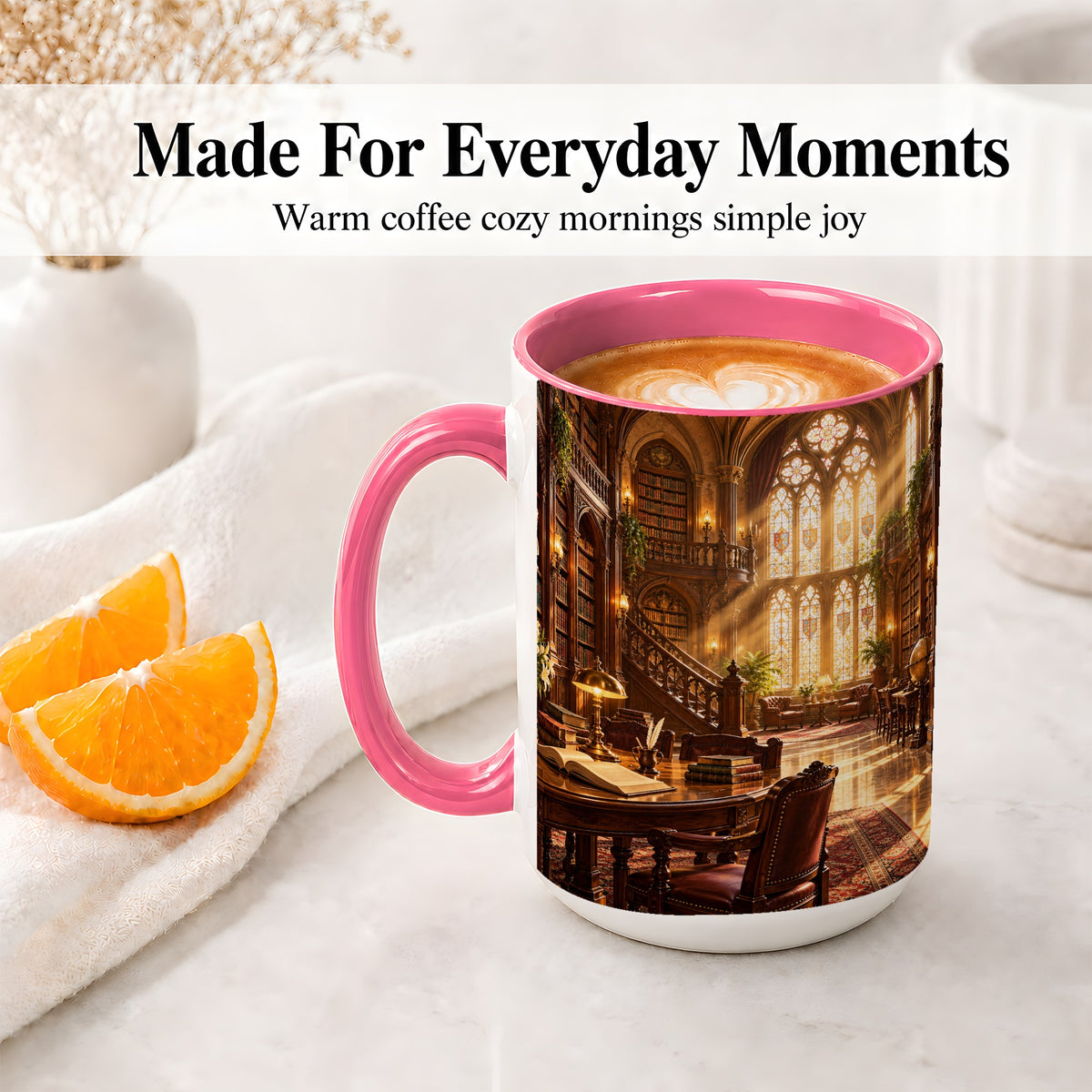 #pl[15oz|Pink] Gothic Library Coffee Mug, Ceramic Mug with Vintage Book Artwork