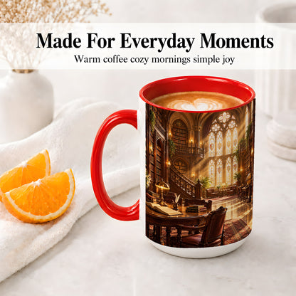 #pl[15oz|Red] Gothic Library Coffee Mug, Ceramic Mug with Vintage Book Artwork
