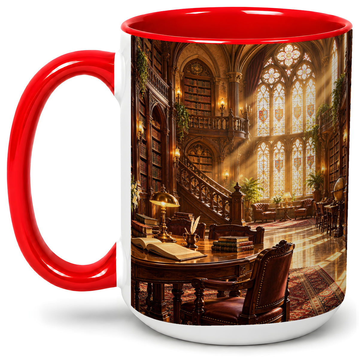 #pl[15oz|Red] Gothic Library Coffee Mug, Ceramic Mug with Vintage Book Artwork