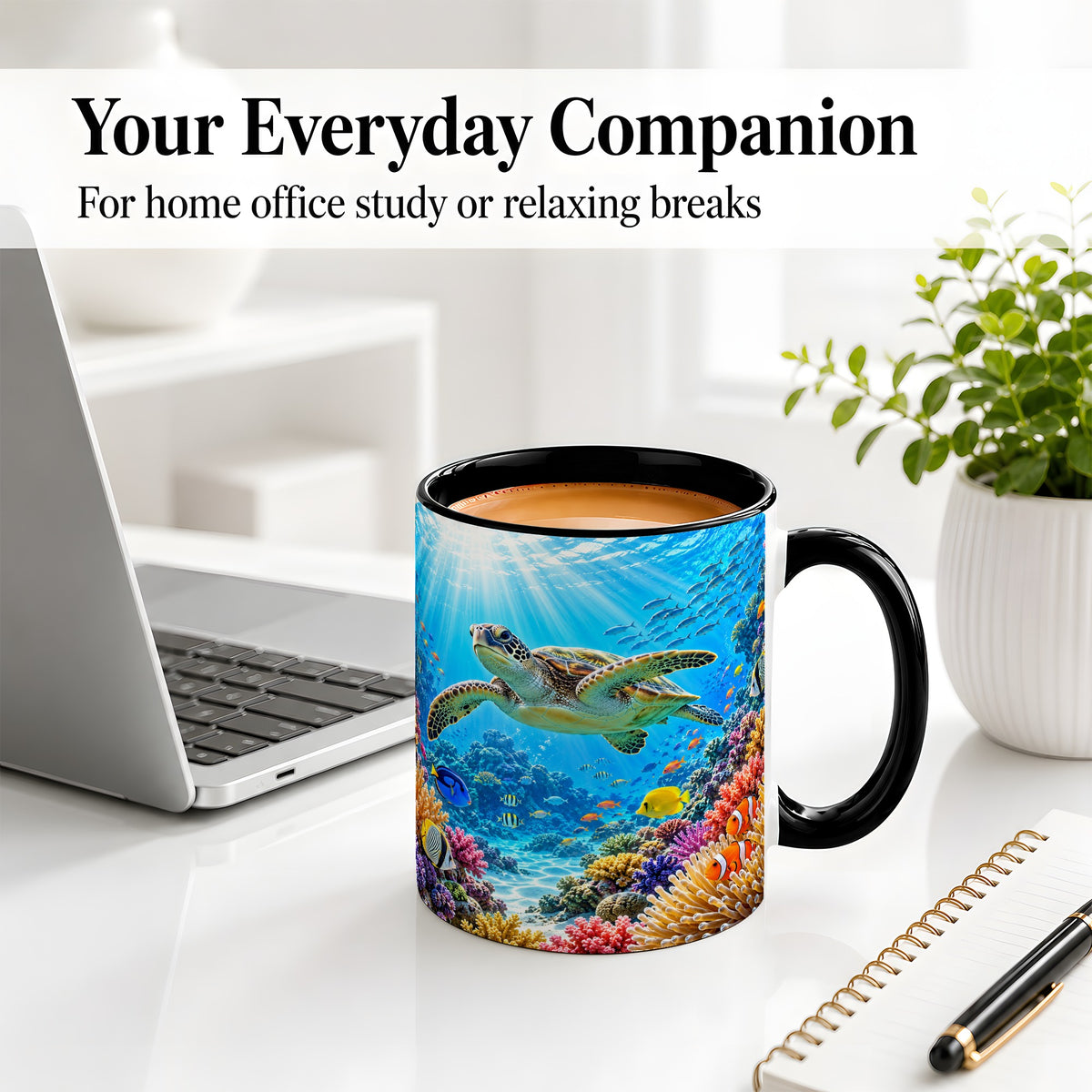 #pl[11oz|Black] Sea Turtle Reef Coffee Mug, Ceramic Mug with Coral Ocean Artwork