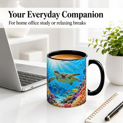 #pl[11oz|Black] Sea Turtle Reef Coffee Mug, Ceramic Mug with Coral Ocean Artwork