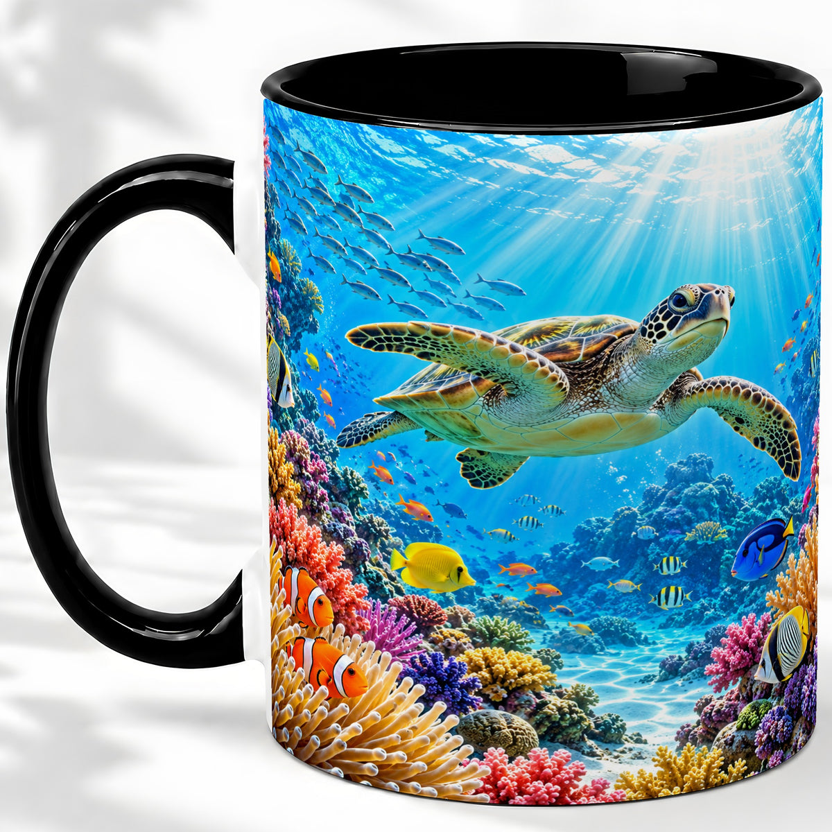#pl[11oz|Black] Sea Turtle Reef Coffee Mug, Ceramic Mug with Coral Ocean Artwork