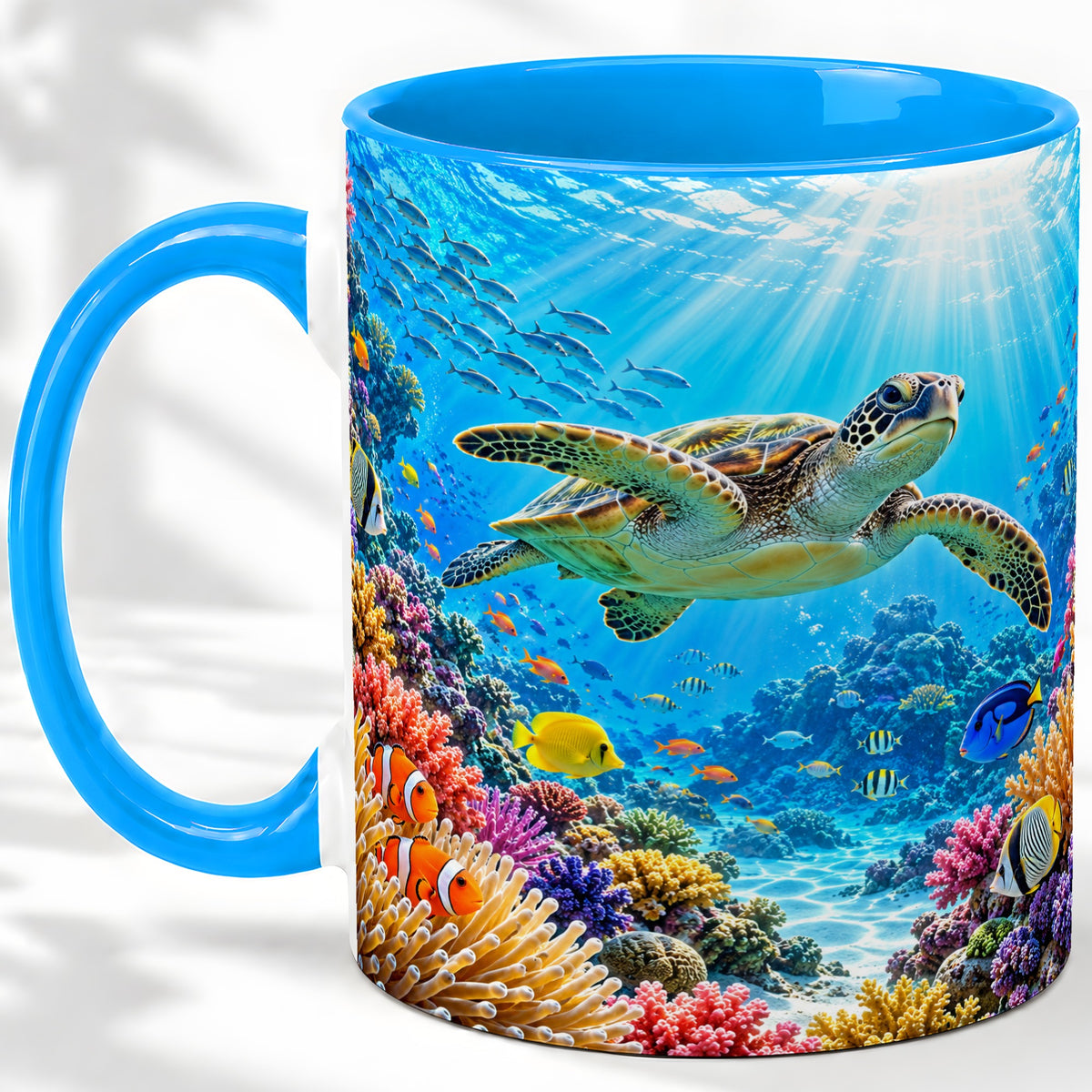 #pl[11oz|Blue] Sea Turtle Reef Coffee Mug, Ceramic Mug with Coral Ocean Artwork