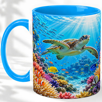 #pl[11oz|Blue] Sea Turtle Reef Coffee Mug, Ceramic Mug with Coral Ocean Artwork