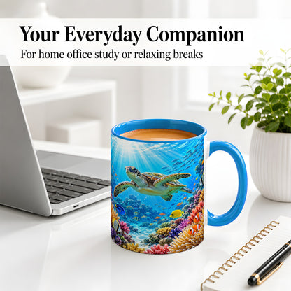 #pl[11oz|Blue] Sea Turtle Reef Coffee Mug, Ceramic Mug with Coral Ocean Artwork