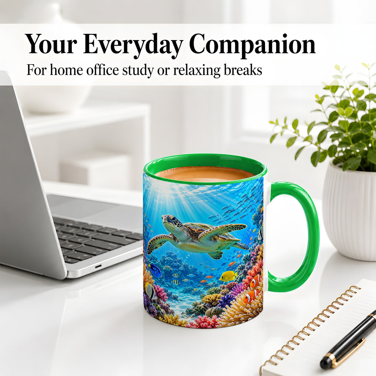 #pl[11oz|Green] Sea Turtle Reef Coffee Mug, Ceramic Mug with Coral Ocean Artwork