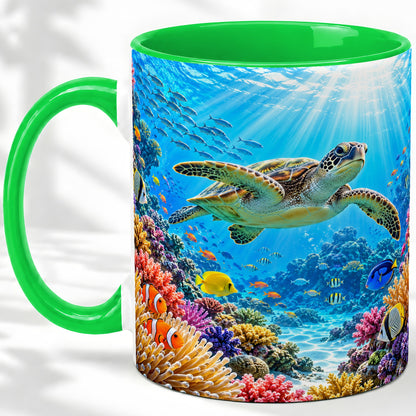 #pl[11oz|Green] Sea Turtle Reef Coffee Mug, Ceramic Mug with Coral Ocean Artwork