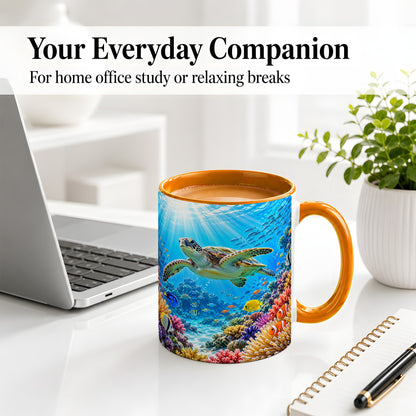 #pl[11oz|Orange] Sea Turtle Reef Coffee Mug, Ceramic Mug with Coral Ocean Artwork