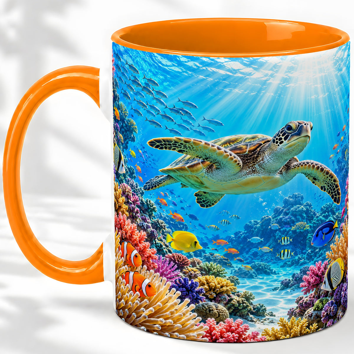#pl[11oz|Orange] Sea Turtle Reef Coffee Mug, Ceramic Mug with Coral Ocean Artwork