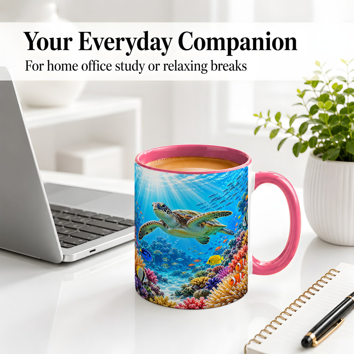 #pl[11oz|Pink] Sea Turtle Reef Coffee Mug, Ceramic Mug with Coral Ocean Artwork