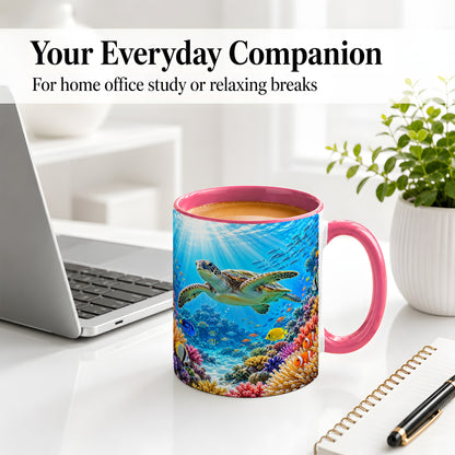 #pl[11oz|Pink] Sea Turtle Reef Coffee Mug, Ceramic Mug with Coral Ocean Artwork