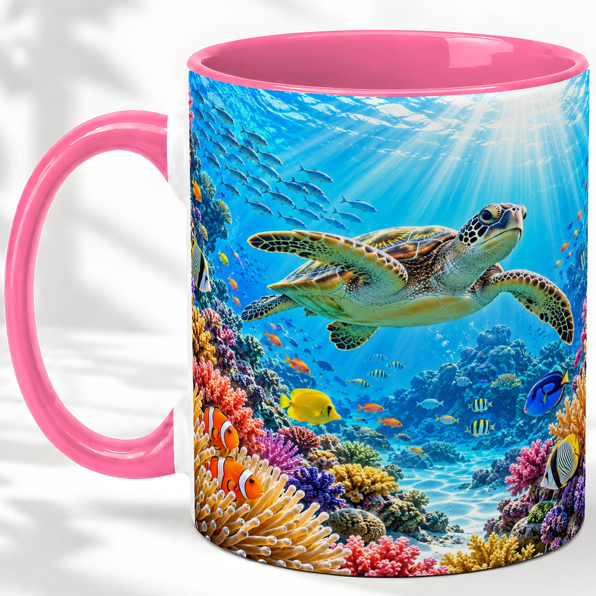 #pl[11oz|Pink] Sea Turtle Reef Coffee Mug, Ceramic Mug with Coral Ocean Artwork