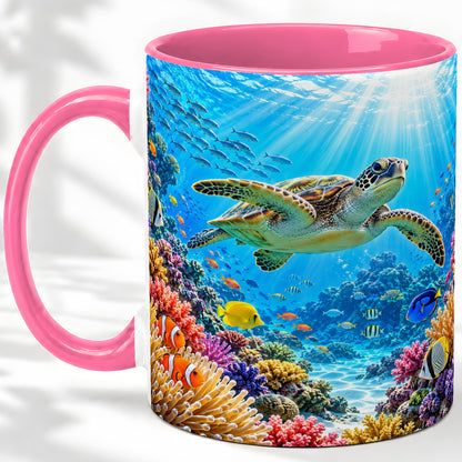 #pl[11oz|Pink] Sea Turtle Reef Coffee Mug, Ceramic Mug with Coral Ocean Artwork