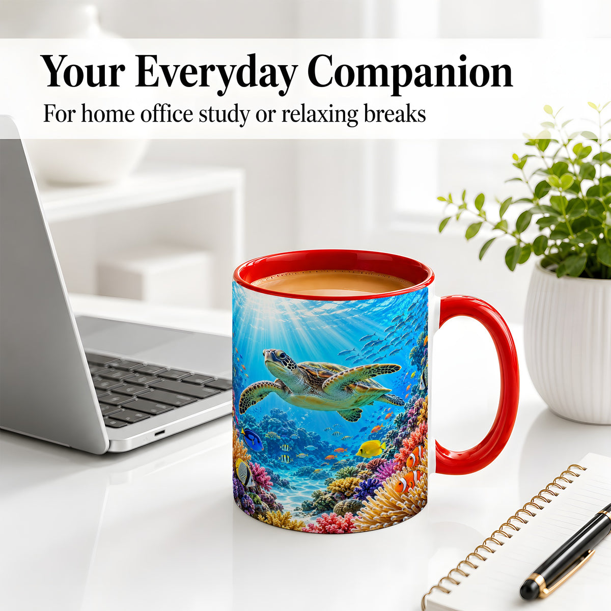 #pl[11oz|Red] Sea Turtle Reef Coffee Mug, Ceramic Mug with Coral Ocean Artwork