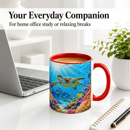#pl[11oz|Red] Sea Turtle Reef Coffee Mug, Ceramic Mug with Coral Ocean Artwork