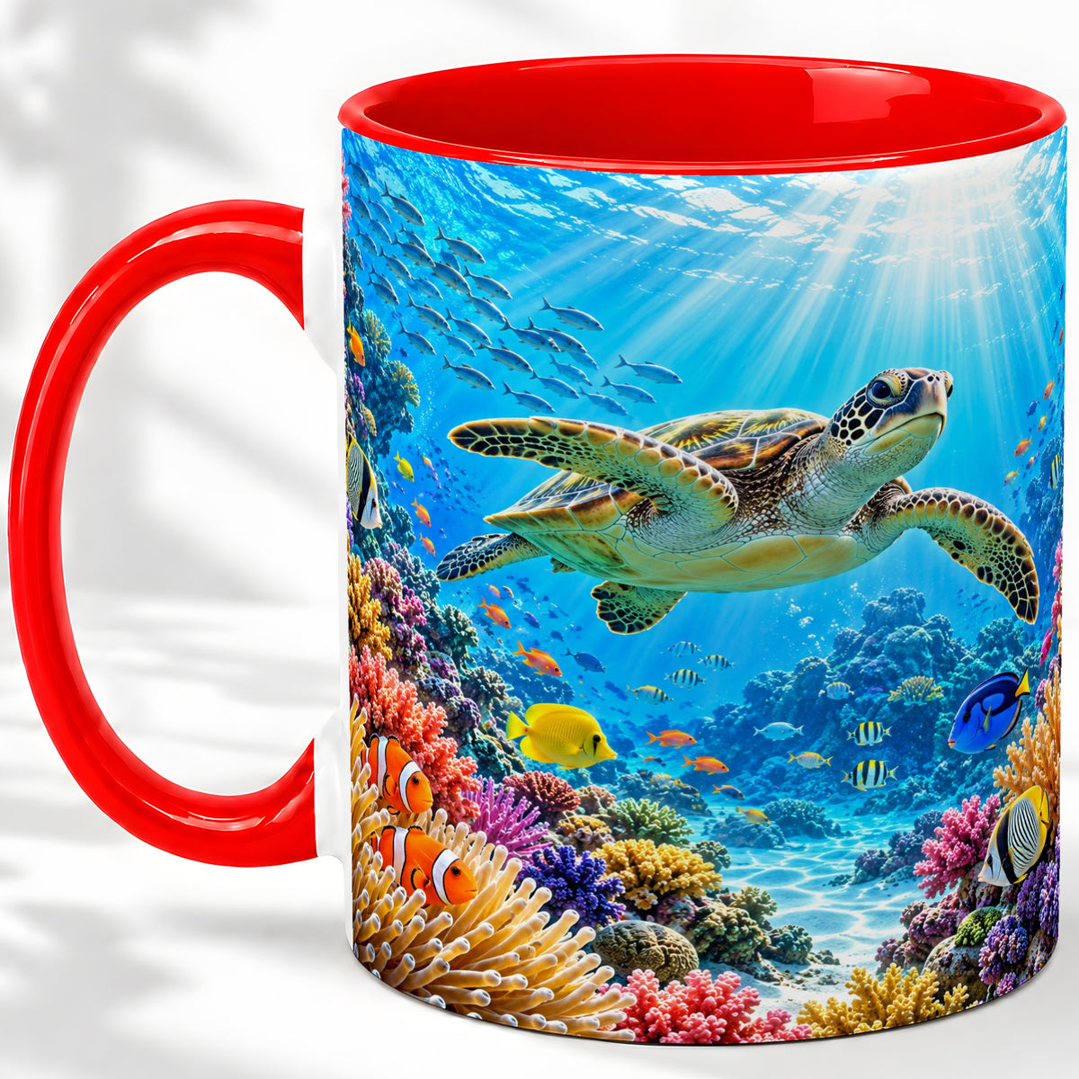 Sea Turtle Reef Coffee Mug, Ceramic Mug with Coral Ocean Artwork