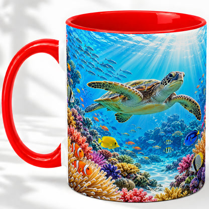 Sea Turtle Reef Coffee Mug, Ceramic Mug with Coral Ocean Artwork