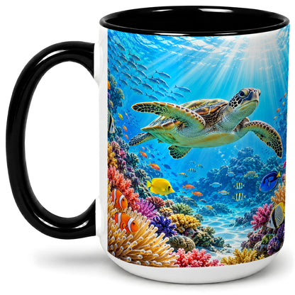 #pl[15oz|Black] Sea Turtle Reef Coffee Mug, Ceramic Mug with Coral Ocean Artwork