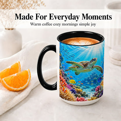 #pl[15oz|Black] Sea Turtle Reef Coffee Mug, Ceramic Mug with Coral Ocean Artwork