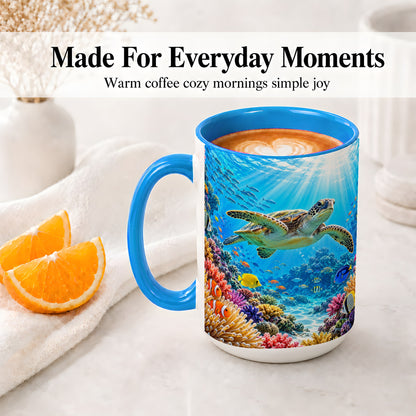 #pl[15oz|Blue] Sea Turtle Reef Coffee Mug, Ceramic Mug with Coral Ocean Artwork