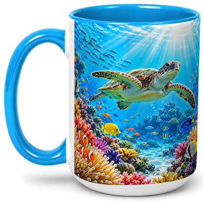 #pl[15oz|Blue] Sea Turtle Reef Coffee Mug, Ceramic Mug with Coral Ocean Artwork