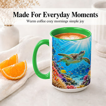 #pl[15oz|Green] Sea Turtle Reef Coffee Mug, Ceramic Mug with Coral Ocean Artwork