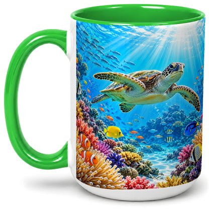 #pl[15oz|Green] Sea Turtle Reef Coffee Mug, Ceramic Mug with Coral Ocean Artwork