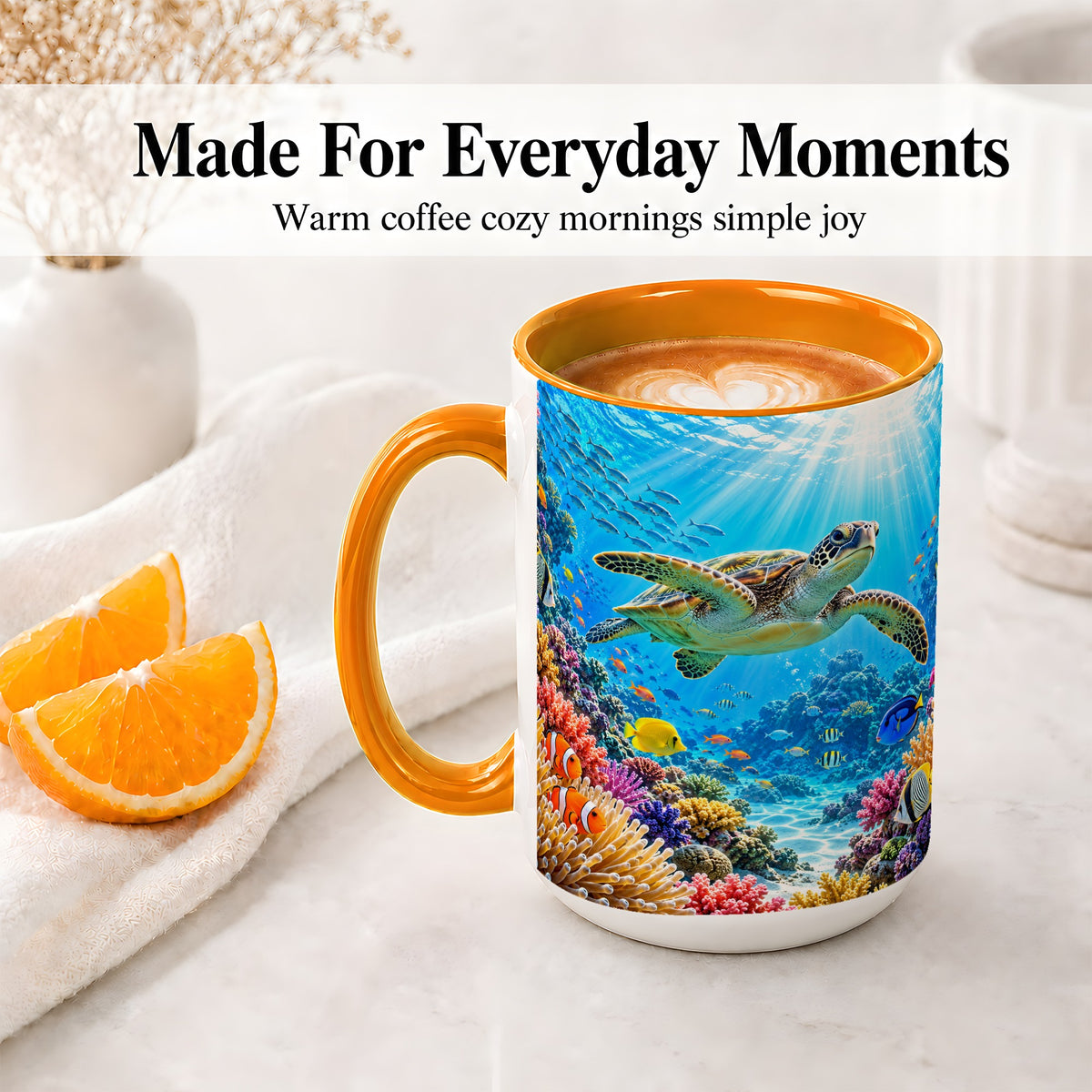 #pl[15oz|Orange] Sea Turtle Reef Coffee Mug, Ceramic Mug with Coral Ocean Artwork