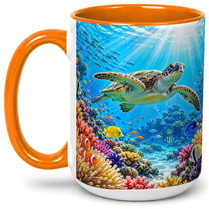 #pl[15oz|Orange] Sea Turtle Reef Coffee Mug, Ceramic Mug with Coral Ocean Artwork