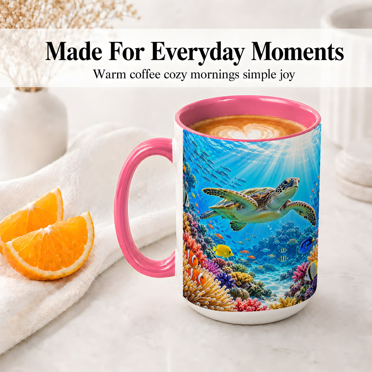 #pl[15oz|Pink] Sea Turtle Reef Coffee Mug, Ceramic Mug with Coral Ocean Artwork