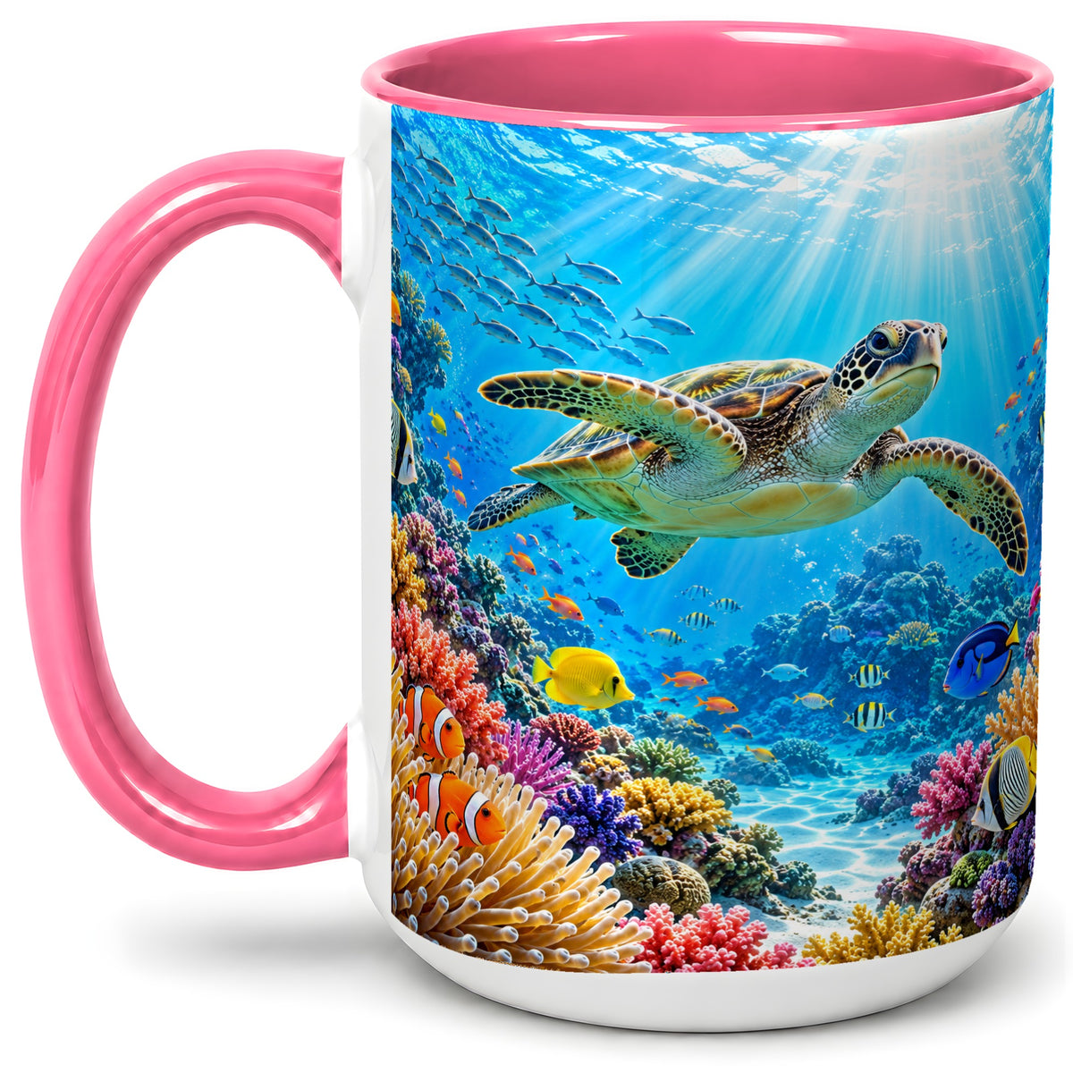 #pl[15oz|Pink] Sea Turtle Reef Coffee Mug, Ceramic Mug with Coral Ocean Artwork