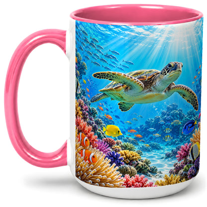 #pl[15oz|Pink] Sea Turtle Reef Coffee Mug, Ceramic Mug with Coral Ocean Artwork
