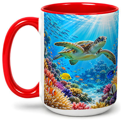 #pl[15oz|Red] Sea Turtle Reef Coffee Mug, Ceramic Mug with Coral Ocean Artwork