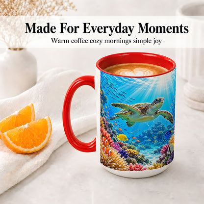 #pl[15oz|Red] Sea Turtle Reef Coffee Mug, Ceramic Mug with Coral Ocean Artwork