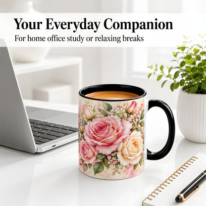 #pl[11oz|Black] Pink Rose Floral Coffee Mug, Ceramic Mug with Watercolor Artwork