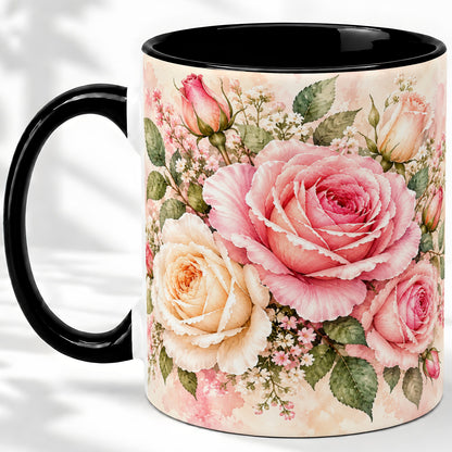 #pl[11oz|Black] Pink Rose Floral Coffee Mug, Ceramic Mug with Watercolor Artwork