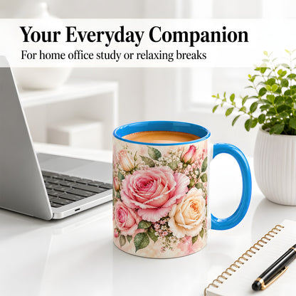 #pl[11oz|Blue] Pink Rose Floral Coffee Mug, Ceramic Mug with Watercolor Artwork