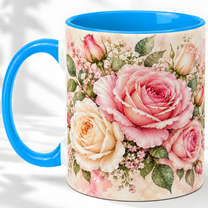 #pl[11oz|Blue] Pink Rose Floral Coffee Mug, Ceramic Mug with Watercolor Artwork