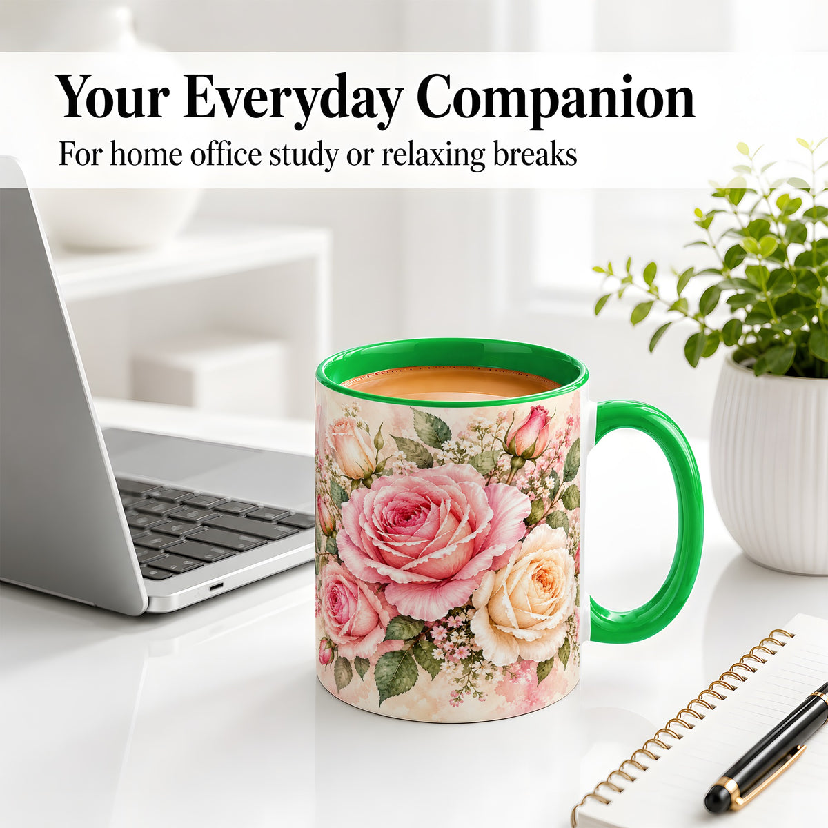 #pl[11oz|Green] Pink Rose Floral Coffee Mug, Ceramic Mug with Watercolor Artwork