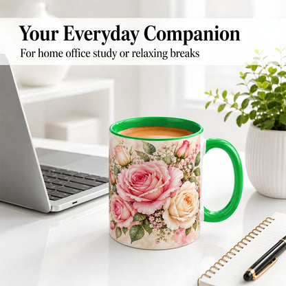 #pl[11oz|Green] Pink Rose Floral Coffee Mug, Ceramic Mug with Watercolor Artwork