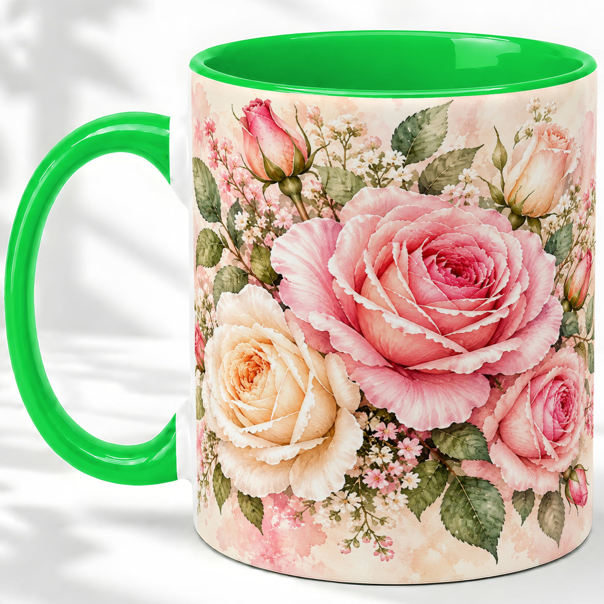 #pl[11oz|Green] Pink Rose Floral Coffee Mug, Ceramic Mug with Watercolor Artwork