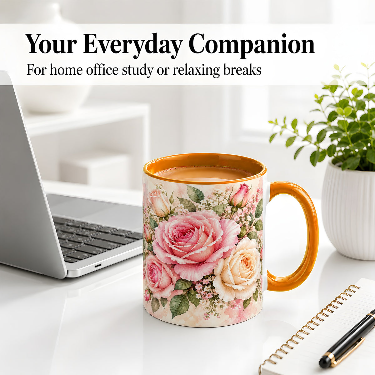 #pl[11oz|Orange] Pink Rose Floral Coffee Mug, Ceramic Mug with Watercolor Artwork