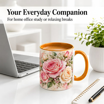 #pl[11oz|Orange] Pink Rose Floral Coffee Mug, Ceramic Mug with Watercolor Artwork