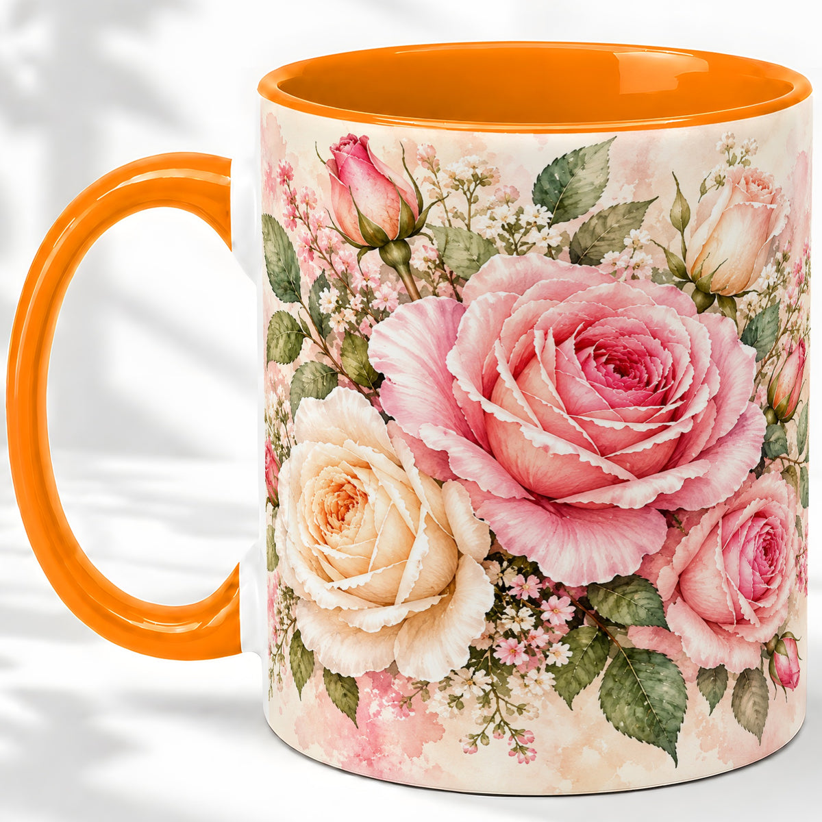 #pl[11oz|Orange] Pink Rose Floral Coffee Mug, Ceramic Mug with Watercolor Artwork