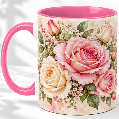 #pl[11oz|Pink] Pink Rose Floral Coffee Mug, Ceramic Mug with Watercolor Artwork
