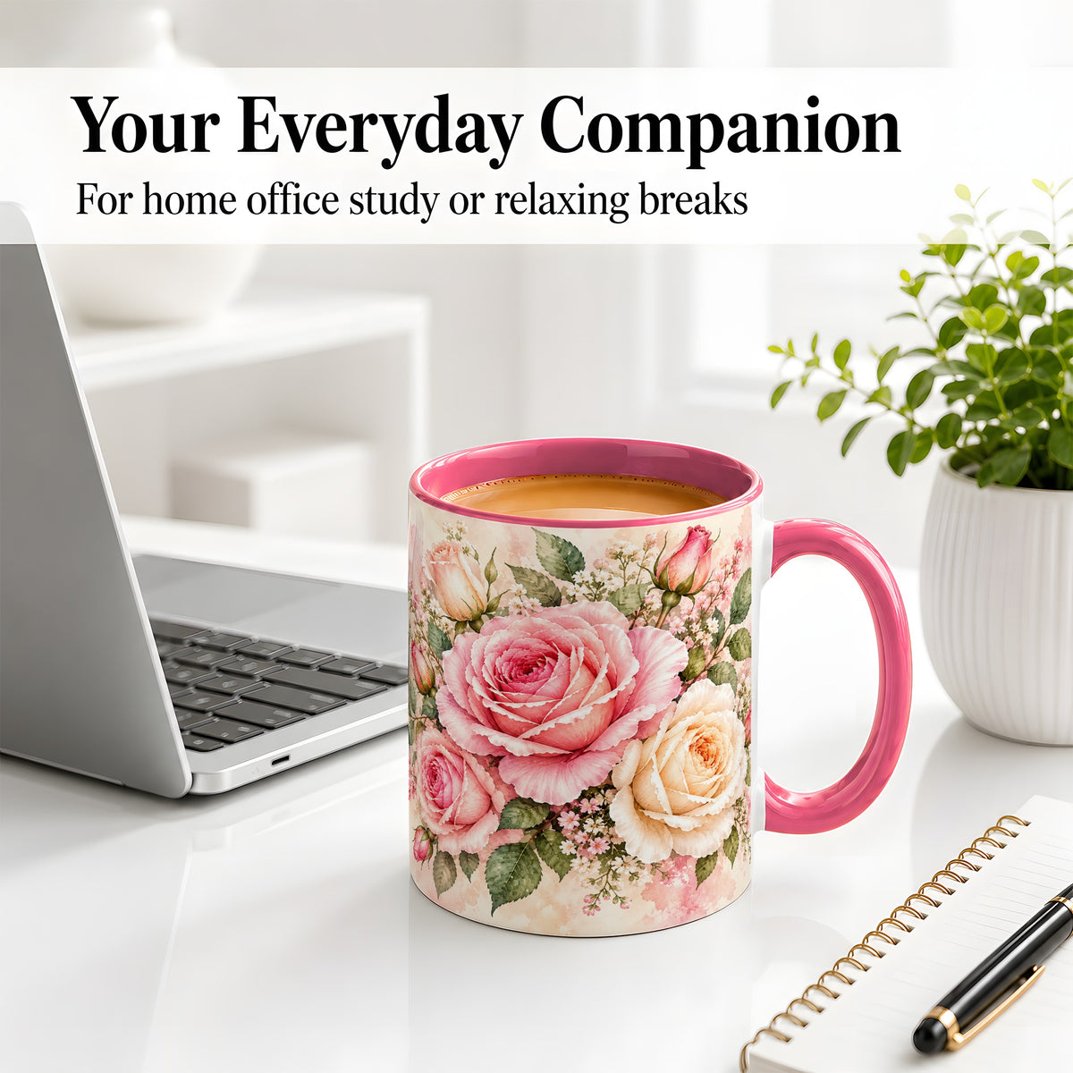 #pl[11oz|Pink] Pink Rose Floral Coffee Mug, Ceramic Mug with Watercolor Artwork