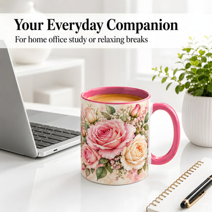 #pl[11oz|Pink] Pink Rose Floral Coffee Mug, Ceramic Mug with Watercolor Artwork